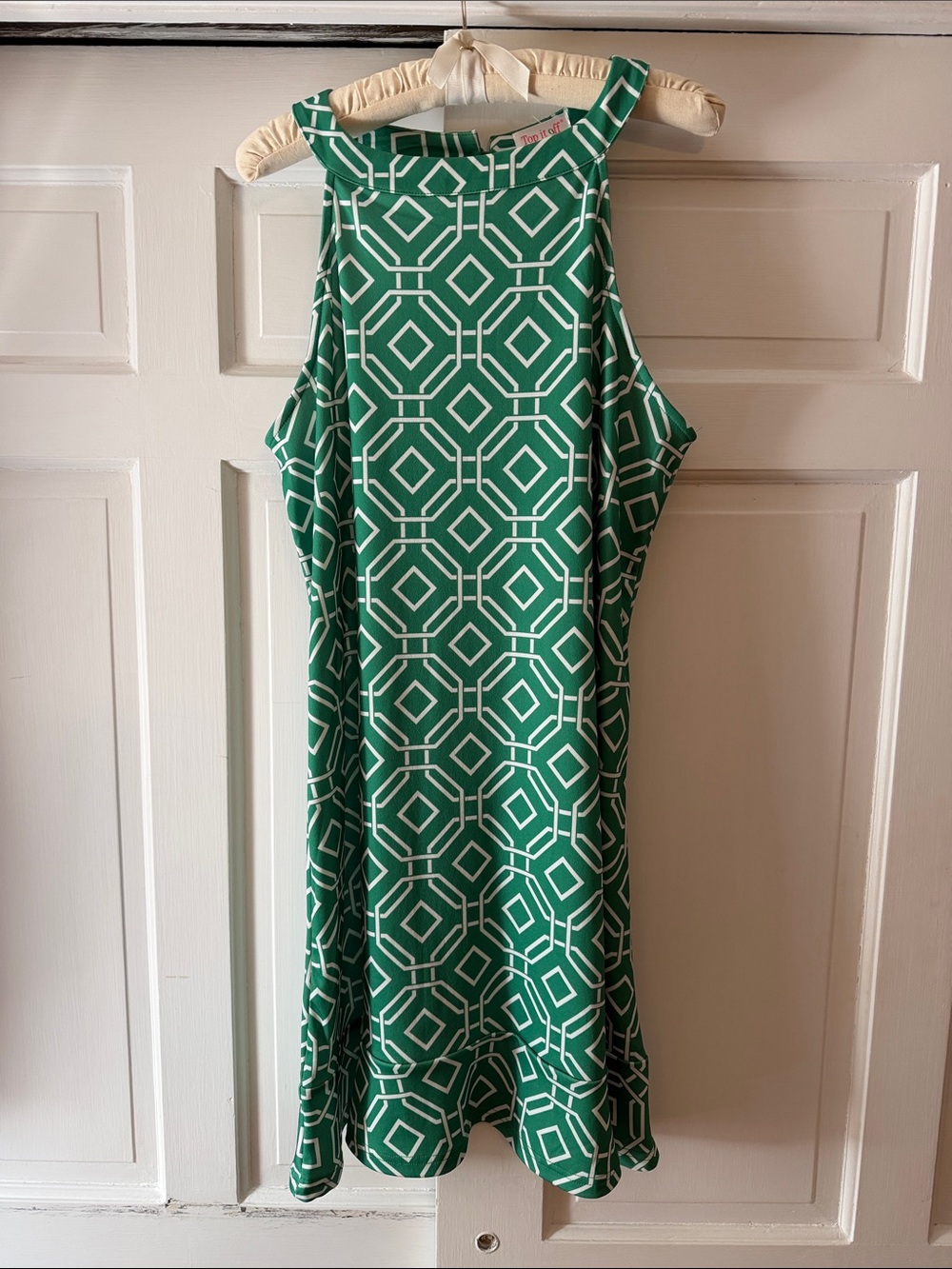 Top It Off Sleeveless Green and White Geometric sleeveless Dress